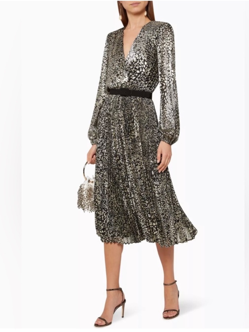 Rebecca Vallance Vienna Metallic Leopard Pleated Midi Dress US 8 Belted